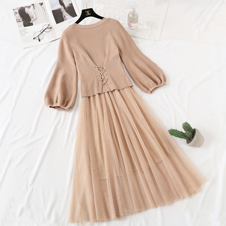 Suit bubble sleeve fairy suspender mesh skirt fashion two-piece set 2146