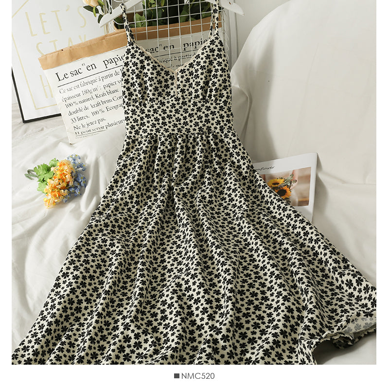 Retro floral waist slim high waist open back suspender skirt 2698