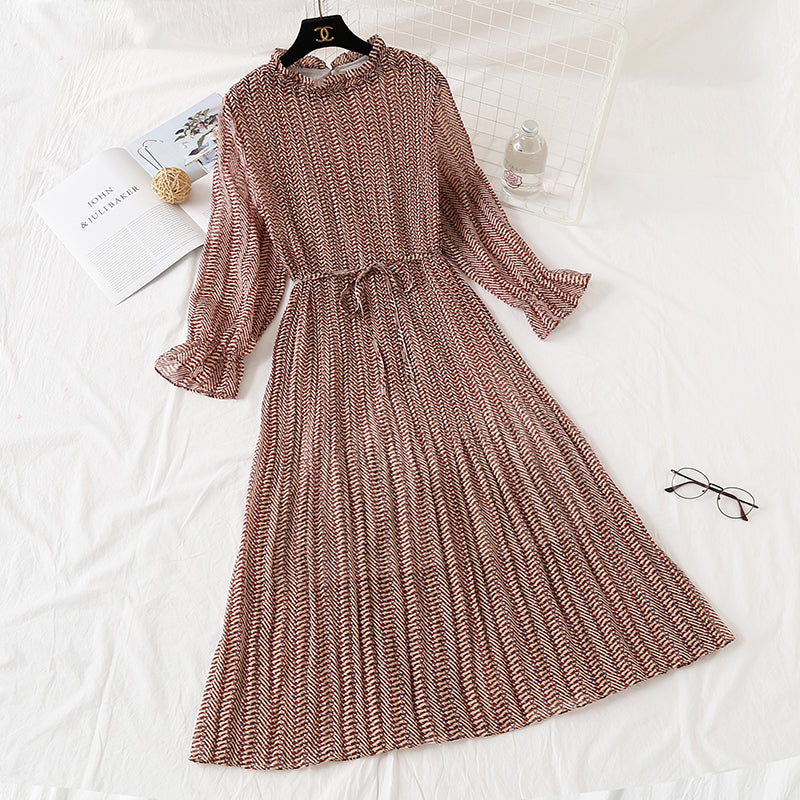 Long sleeved Pleated Chiffon Skirt loose and thin, retro knee length skirt 2346