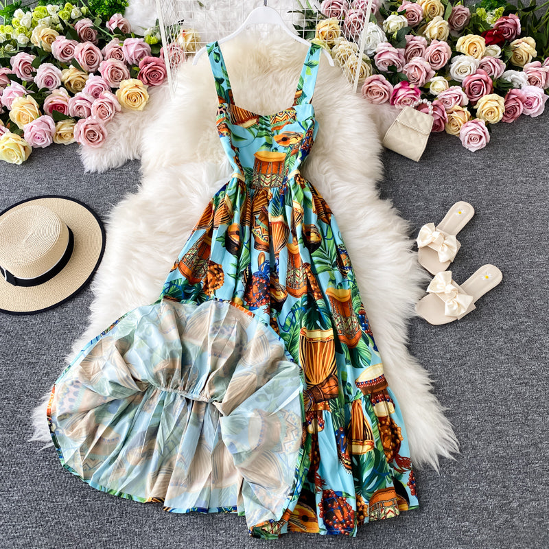 Geblümtes Kleid mit offenem Rücken, französischer langer Rock 2847