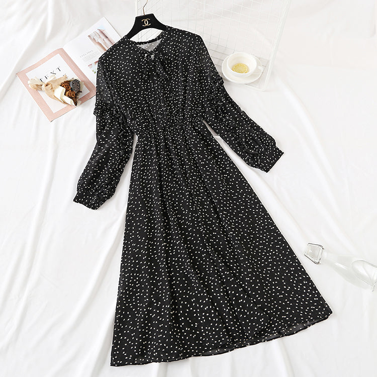 Long sleeve bow tie lace up Ruffle Bubble Sleeve Chiffon Skirt 2354