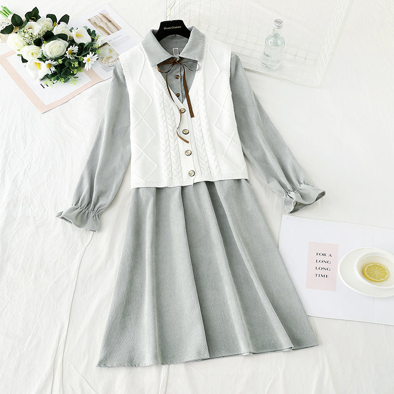 Knitted vest corduroy dress sweet college style fashion suit skirt two-piece set 2307