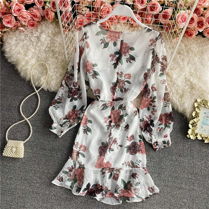 Pleated bubble sleeve wrap hip fishtail Chiffon Dress 3423