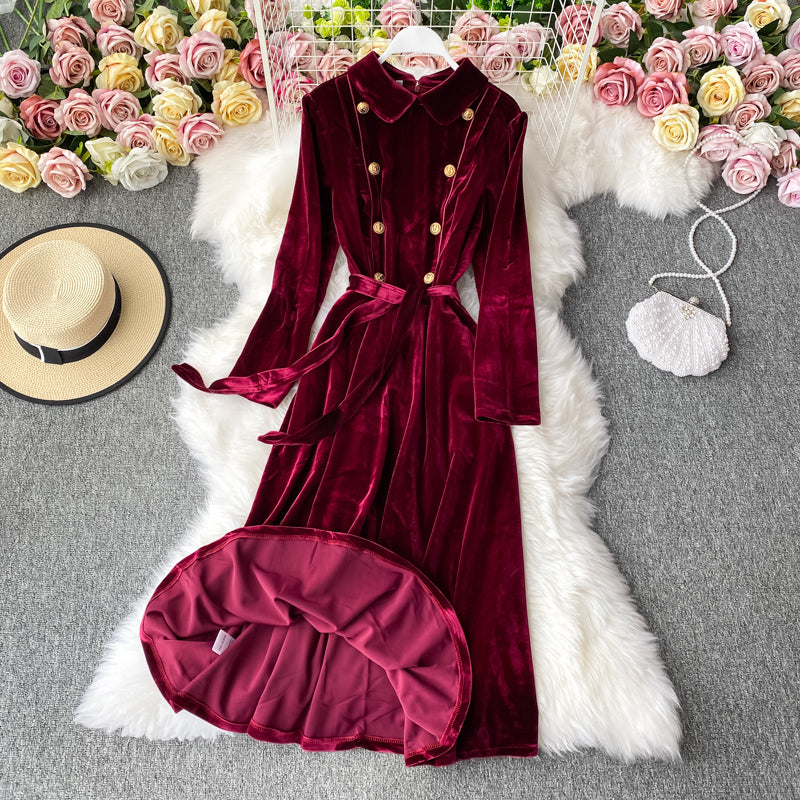 Doll Lapel gold button slim dress big swing velvet dress 3144