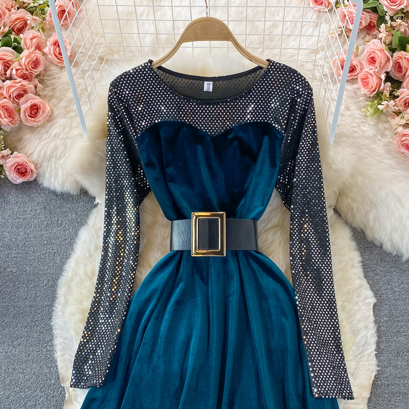 Golden velvet waist closing thin Sequin stitching Crew Neck Dress 3246