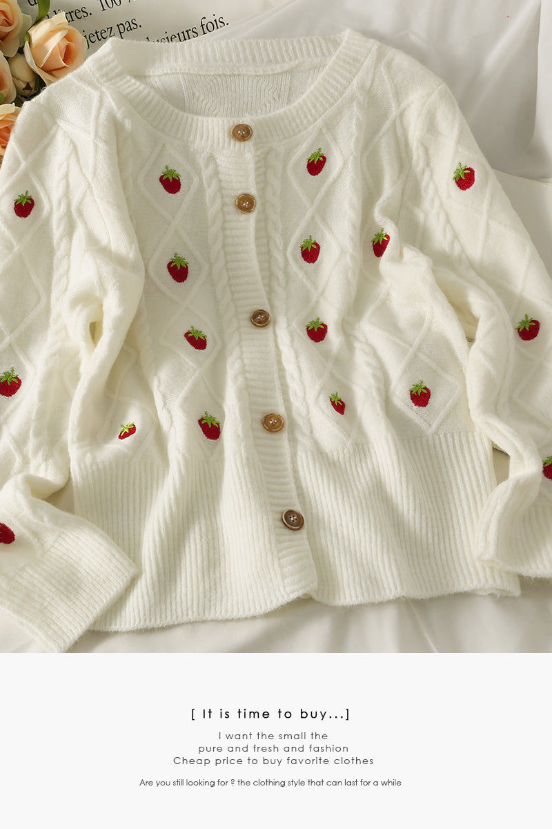 Sweet wind strawberry embroidered cardigan sweater female 1719