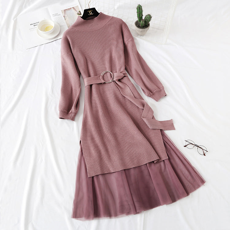 Knitted dress, women's French retro skirt, fashion suit, waist closing, thin temperament 2291