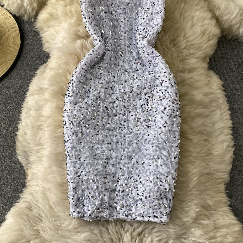French Hepburn temperament Sequin Hip Wrap Dress 2752