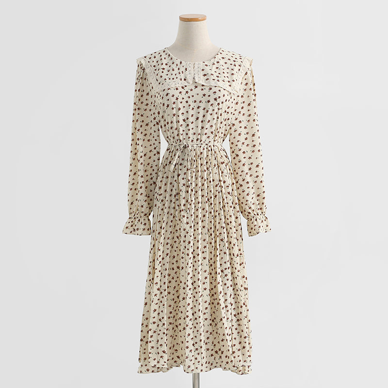 Dress gentle wind long sleeved chiffon skirt with slim waist and long Lapel skirt 2175