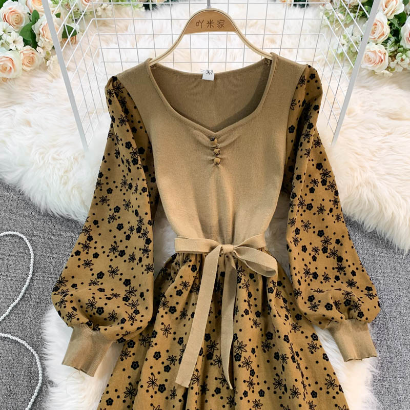 French Vintage knit stitched bubble sleeve Floral Dress 3390