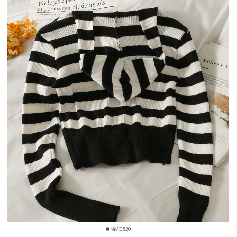 Striped slim Hooded Sweater Zip Cardigan long sleeve 1766