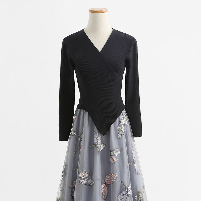 New long skirt fairy mesh embroidery temperament French small black skirt 2198