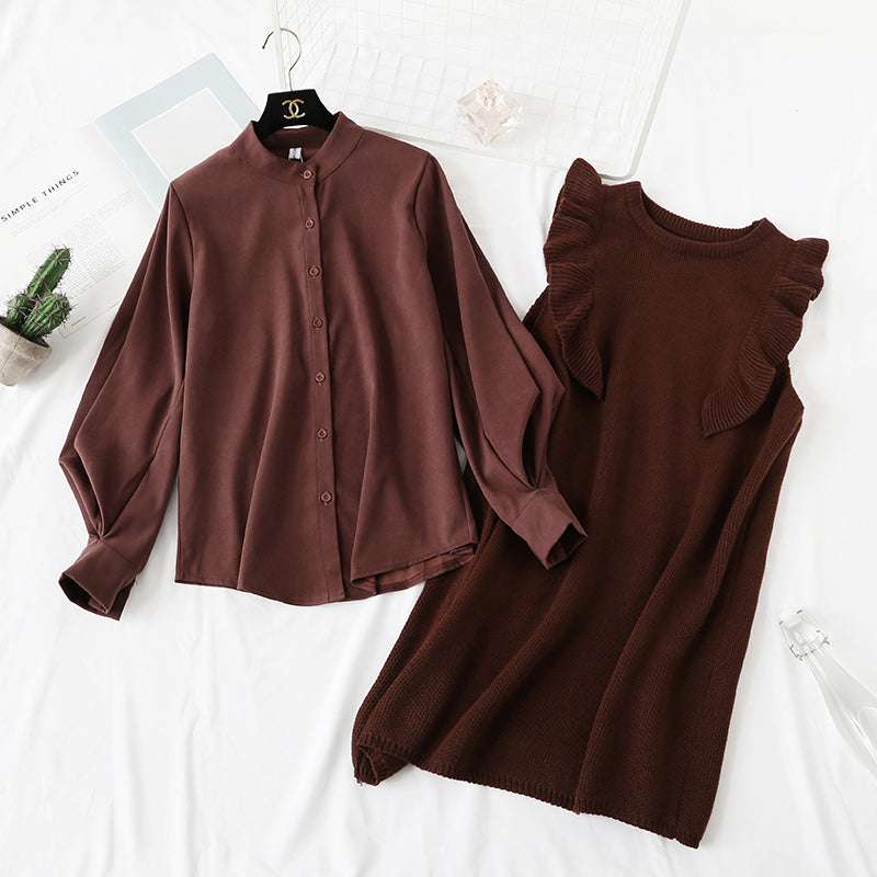 Two piece slim sweater knit vest vest with shirt skirt 2348