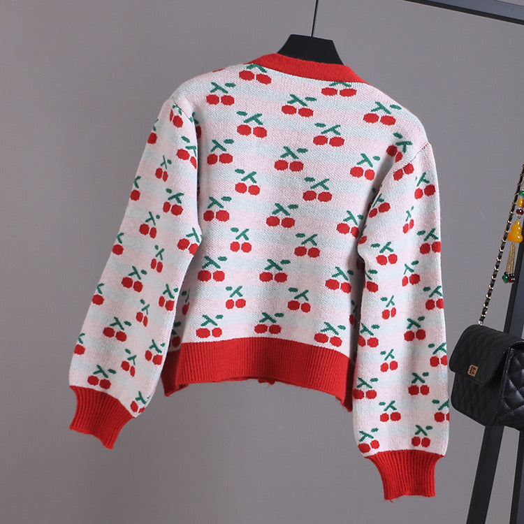 V-neck short knit jacket, cherry jacquard cardigan 1405