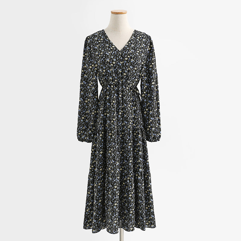 Green small broken Flower Chiffon V-neck bubble sleeve long skirt for women 2274