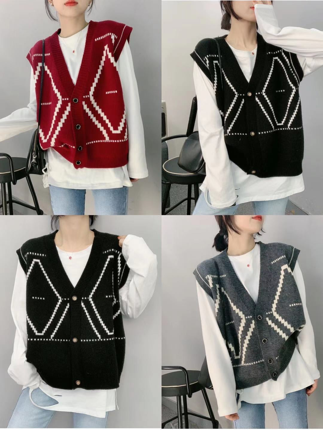 Schwarz-weißes Rautengitter, einreihige Strickjacke, ärmellose Weste, Pullover Strickweste 1398