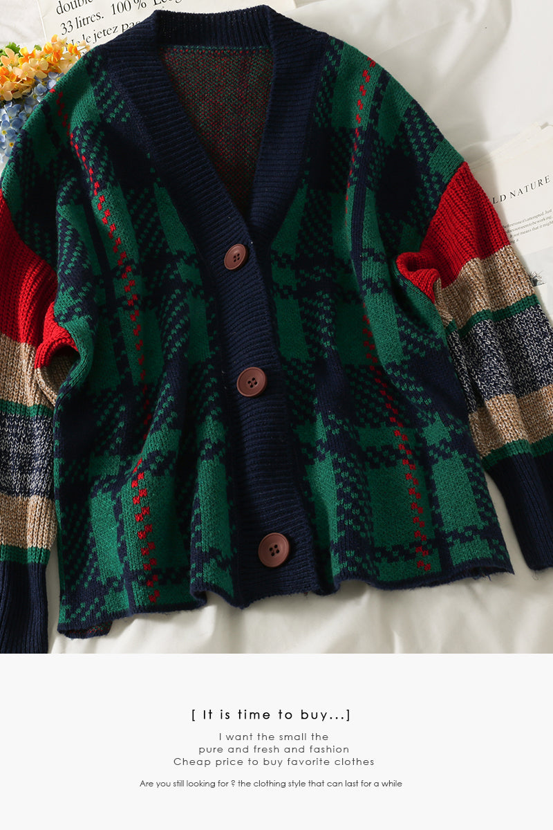 Hong Kong Style checkered single breasted cardigan sweater 1795