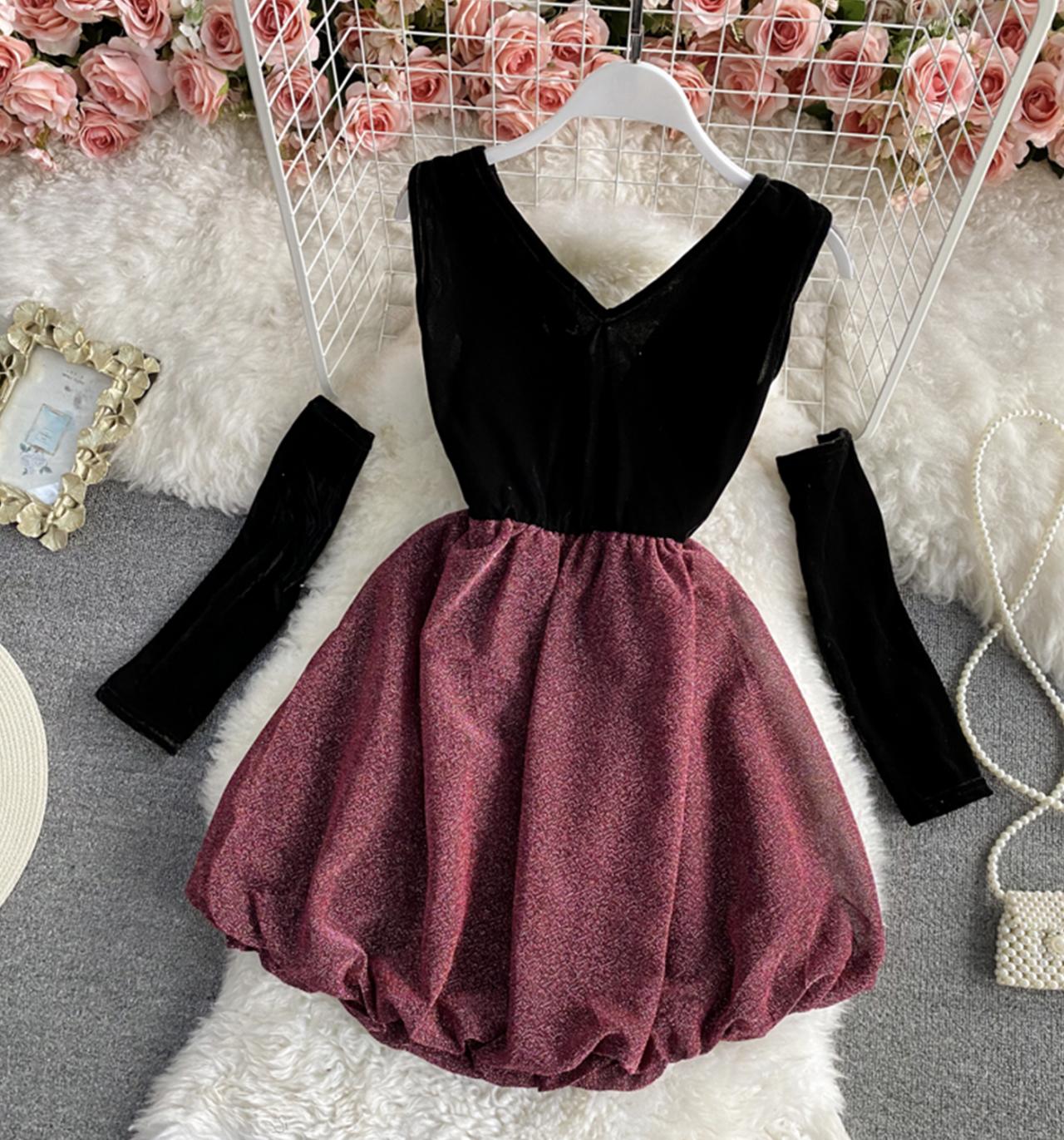 Süßes kurzes Kleid mit V-Ausschnitt, Modekleid 1321