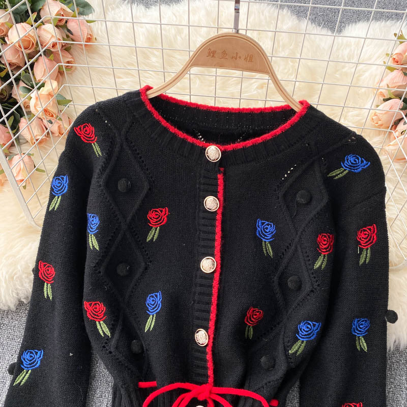 Knit cardigan, vintage, embroider flower, loose long sleeve sweater, short paragraph spaghetti strap top, sweet two sets 1339