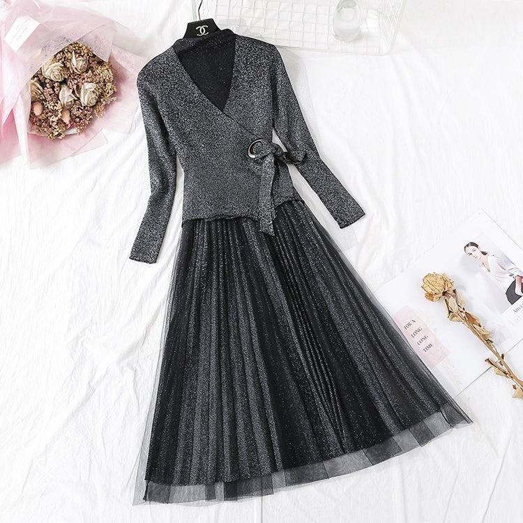 New long sleeve top pleated yarn skirt 2356