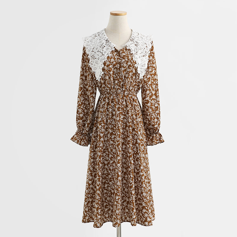 New doll neck Korean long sleeve Floral Dress 2439