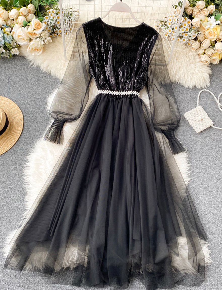Cute v neck tulle sequins dress girl dress 1318