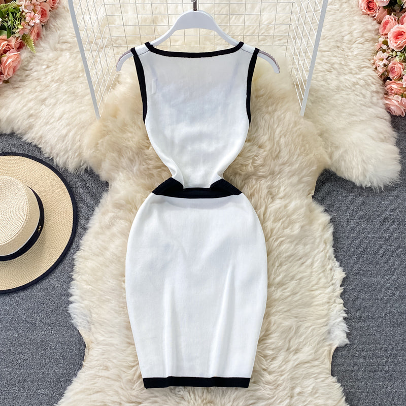 Slim waisted U-neck knit wrap hip dress 2783