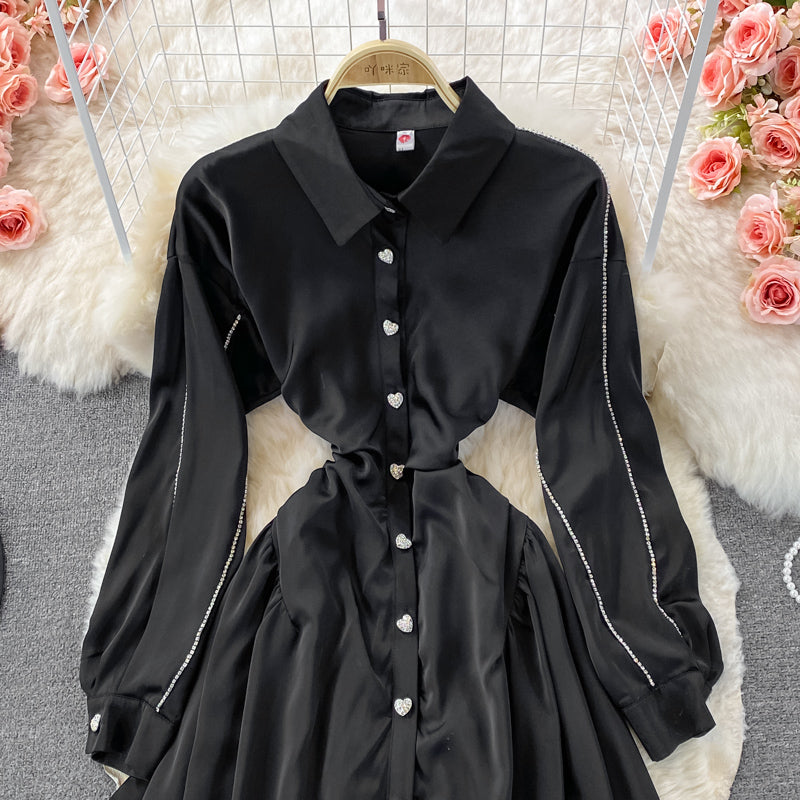 Slim long sleeve A-line shirt skirt waist puffy dress 3356