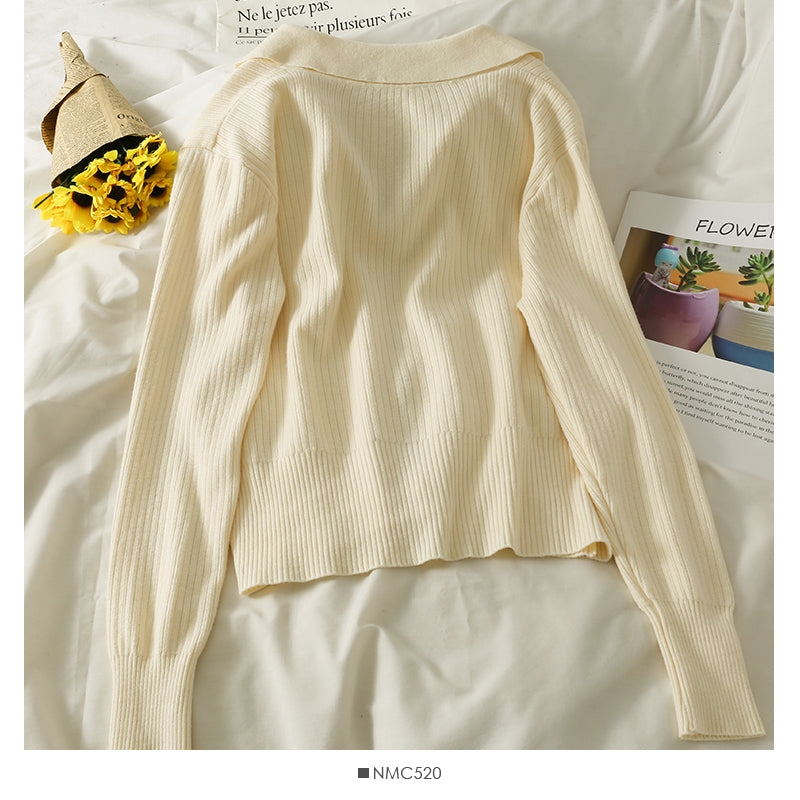Lapel Zip Cardigan long sleeve vertical stripe top 1830