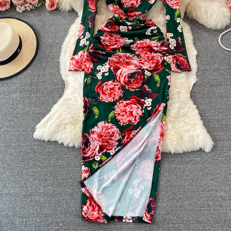 V-neck print slim split dress 3086