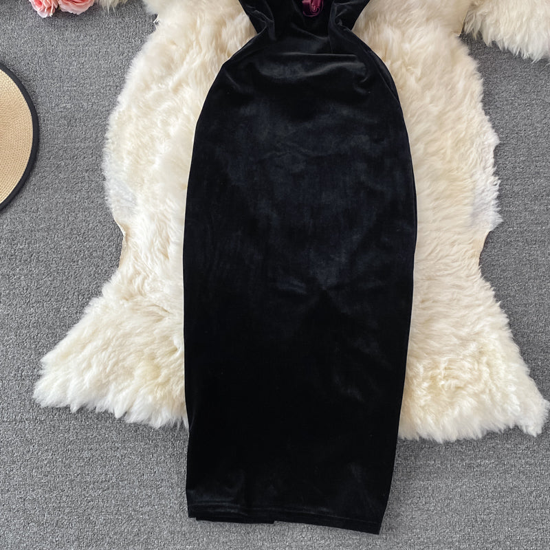 Neck off shoulder slim wrap hip suspender dress 2733