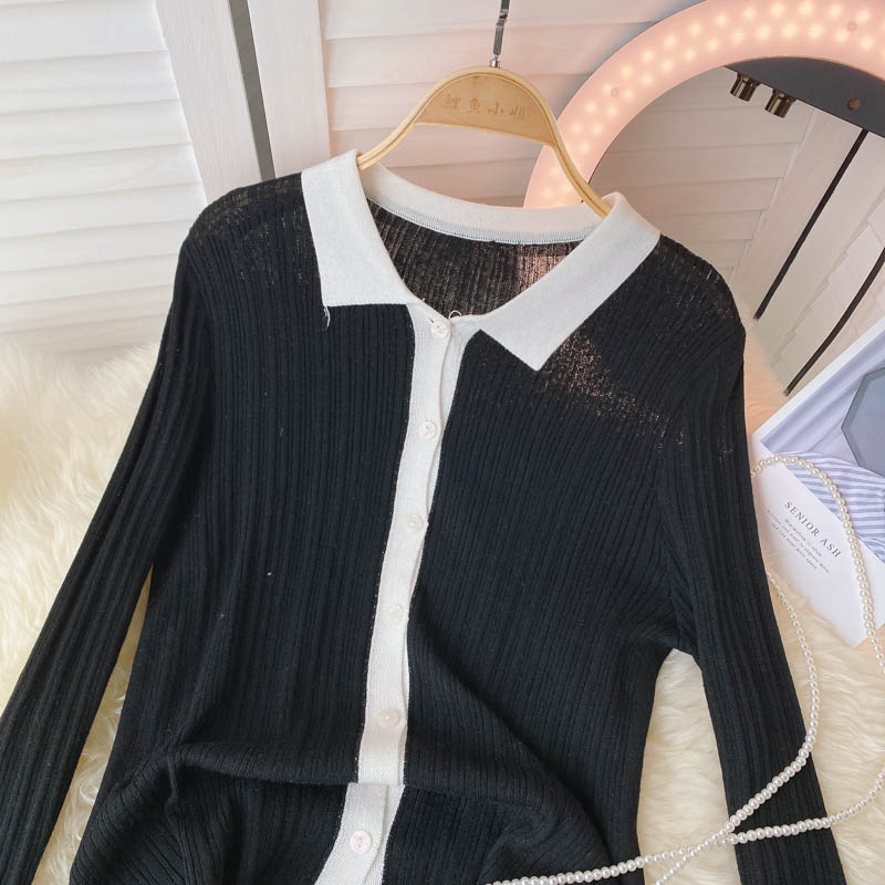 Autumn new single breasted polo collar contrast long sleeve sweater 1591