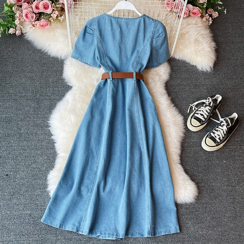 Square neck waist closing bubble sleeve denim dress 2971