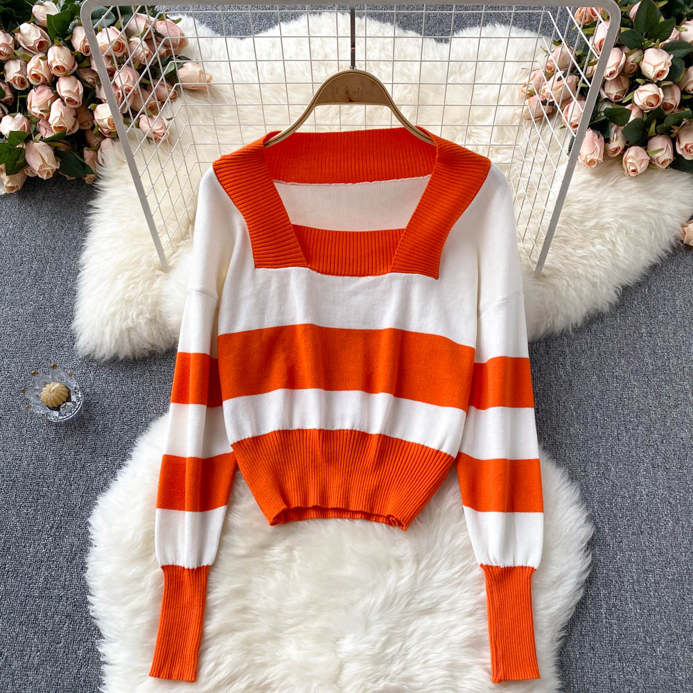 Hong Kong style retro stripe long sleeve sweater Pullover Sweater 1627