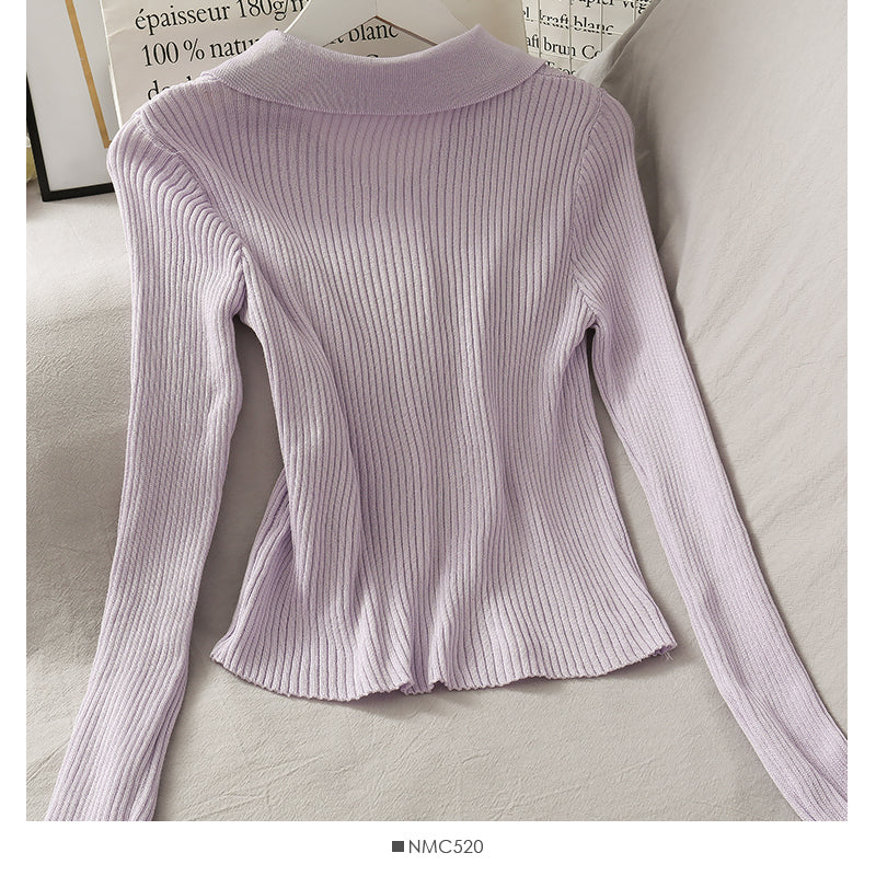 Personalized double zipper tight vertical stripe long sleeve knit 1777