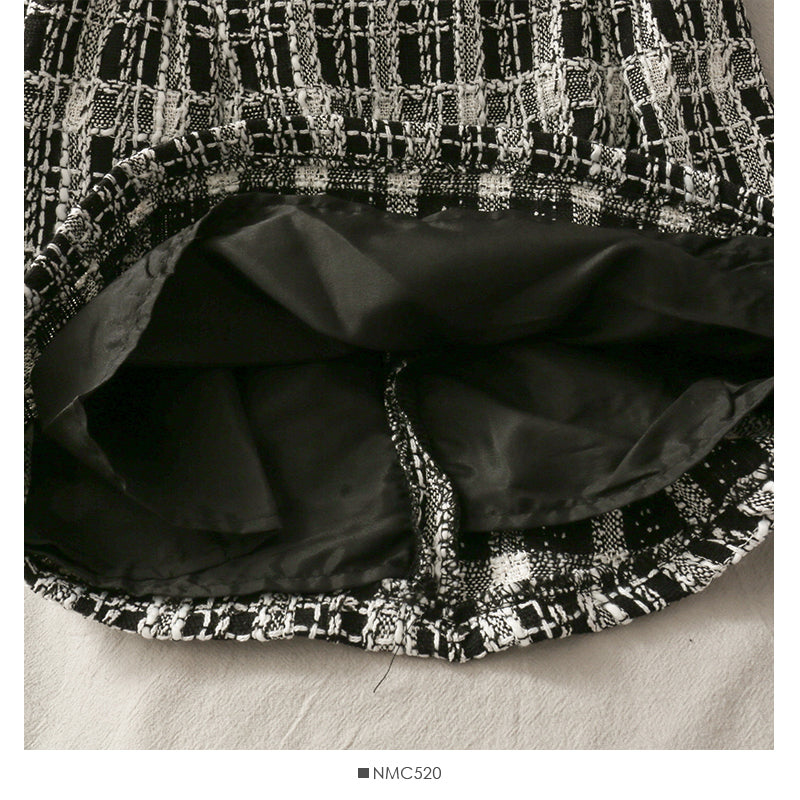 Short open navel bubble long sleeve top Plaid high waist skirt 2518