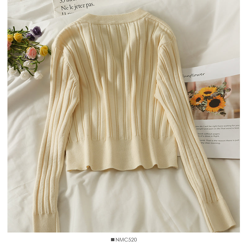 Slim vertical stripe crew neck short Zip Cardigan Sweater 1876