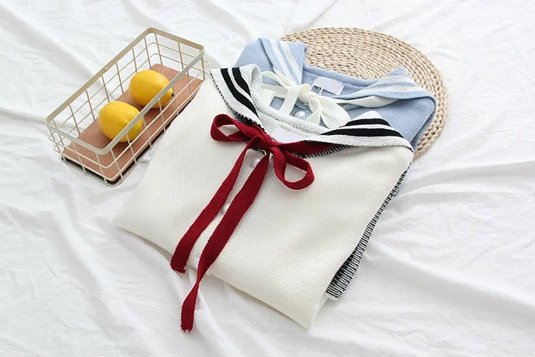 Navy collar long sleeve sweater, student tie bow knit cardigan 1414