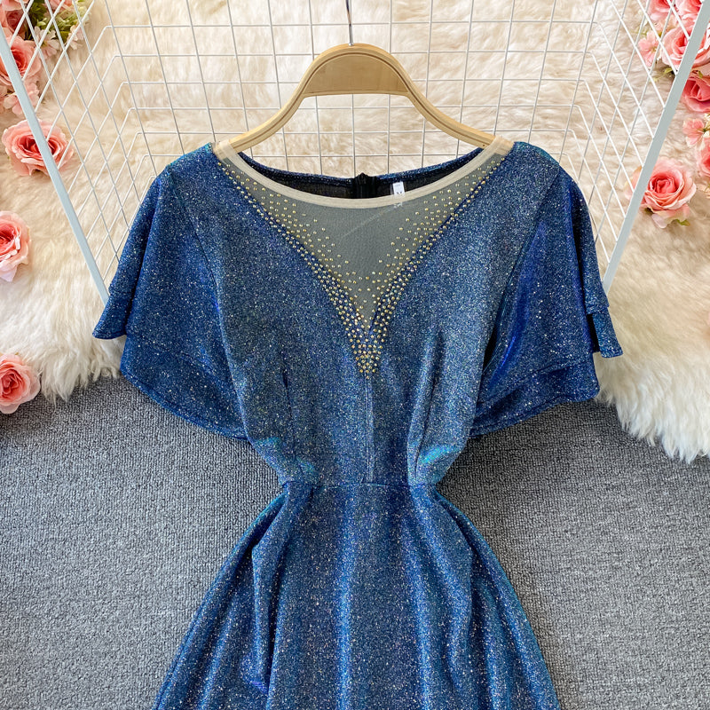 Noble and elegant temperament bright silk round neck dress 2986