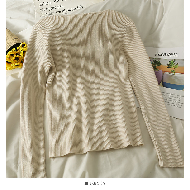 Solid color versatile low collar collarbone exposed long sleeve bottomed top 1813