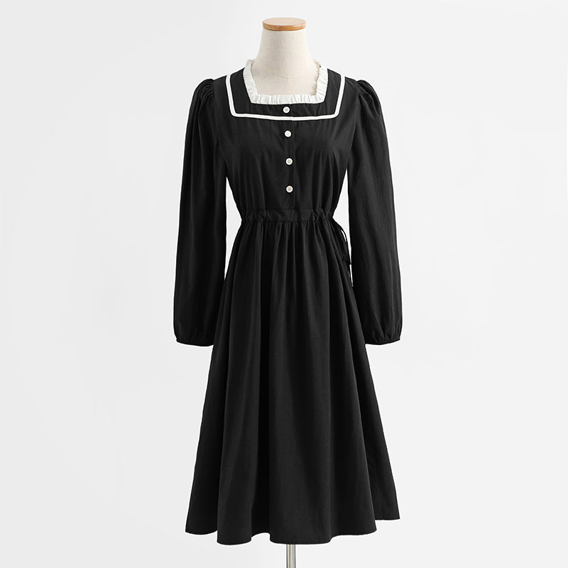 French retro long sleeved dress, college style, slim waist, red bottomed skirt 2269