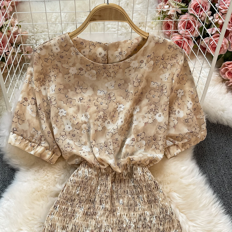 Round neck short sleeve Floral Chiffon fishtail dress 2894