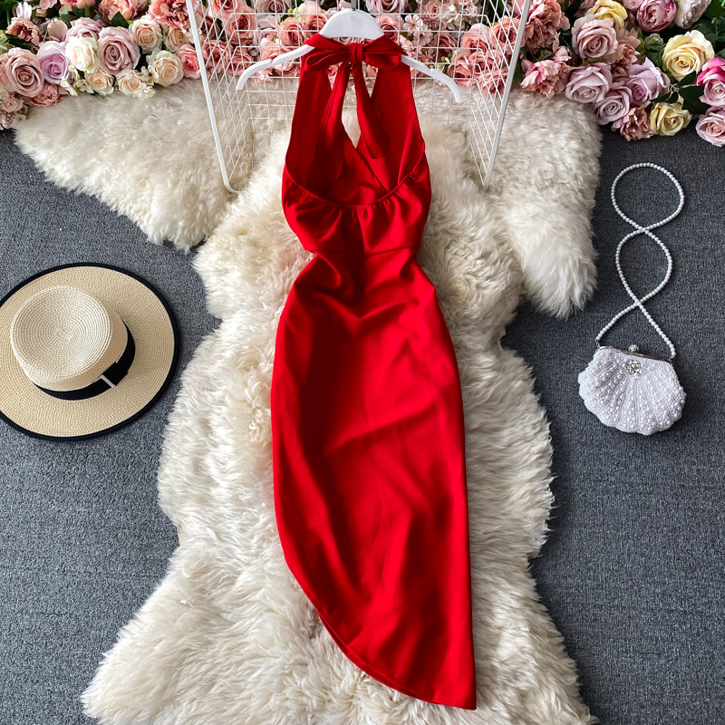 Hollow out backless sexy hanging neck V-neck dress 2759