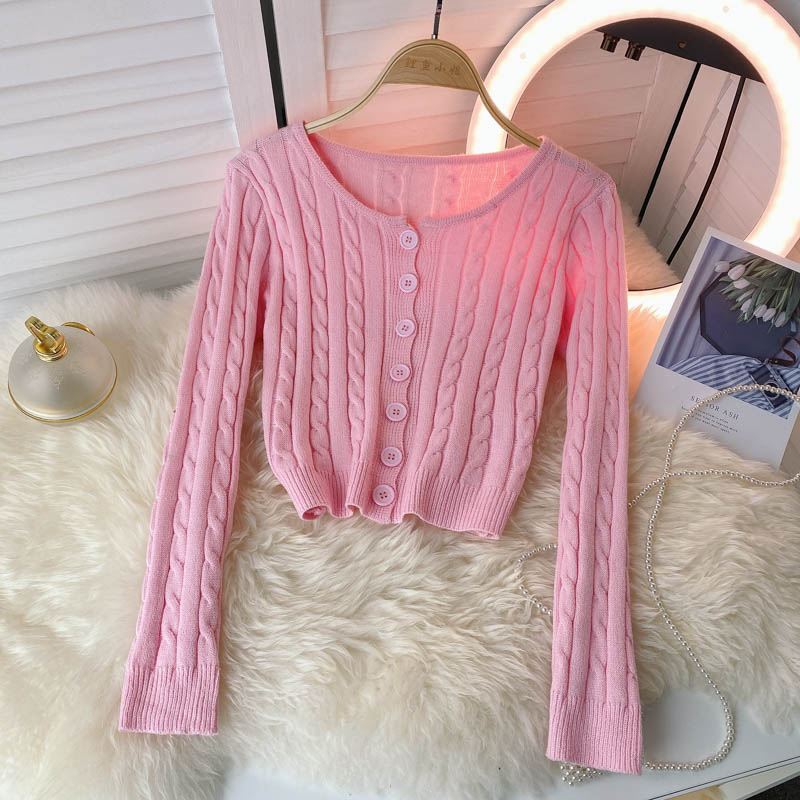 French retro single breasted twist wool sweater long sleeve knitting 1590