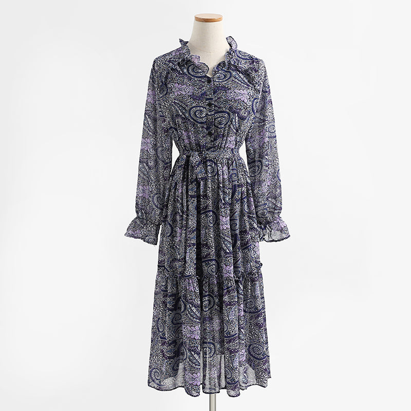 Temperament: slim waist, long sleeved chiffon dress with backing 2214