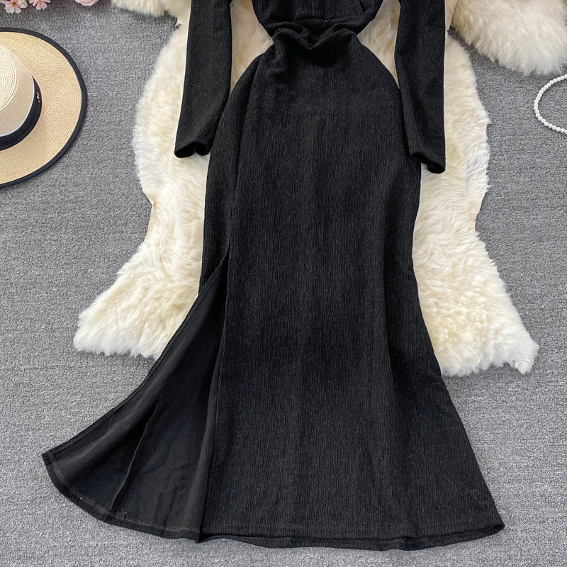 Sexy high elastic V-neck bright silk split buttock fishtail dress 2915