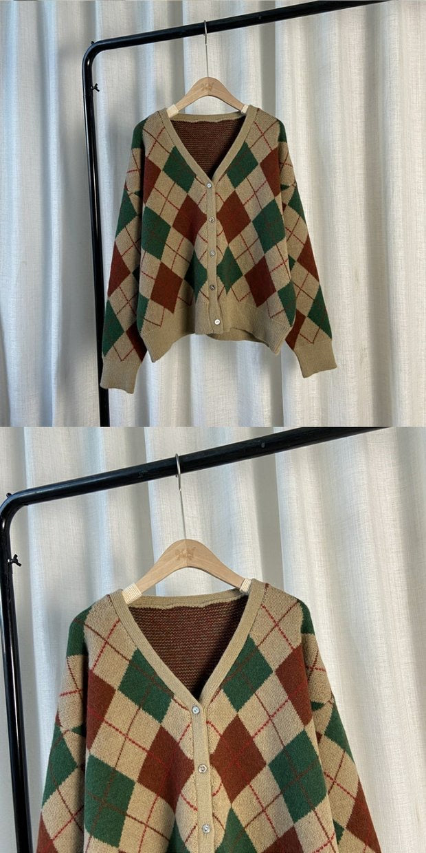 Rhomb, cardigan, V-neck contrast color British style sweater coat, autumn vintage long sleeve knit top 1425