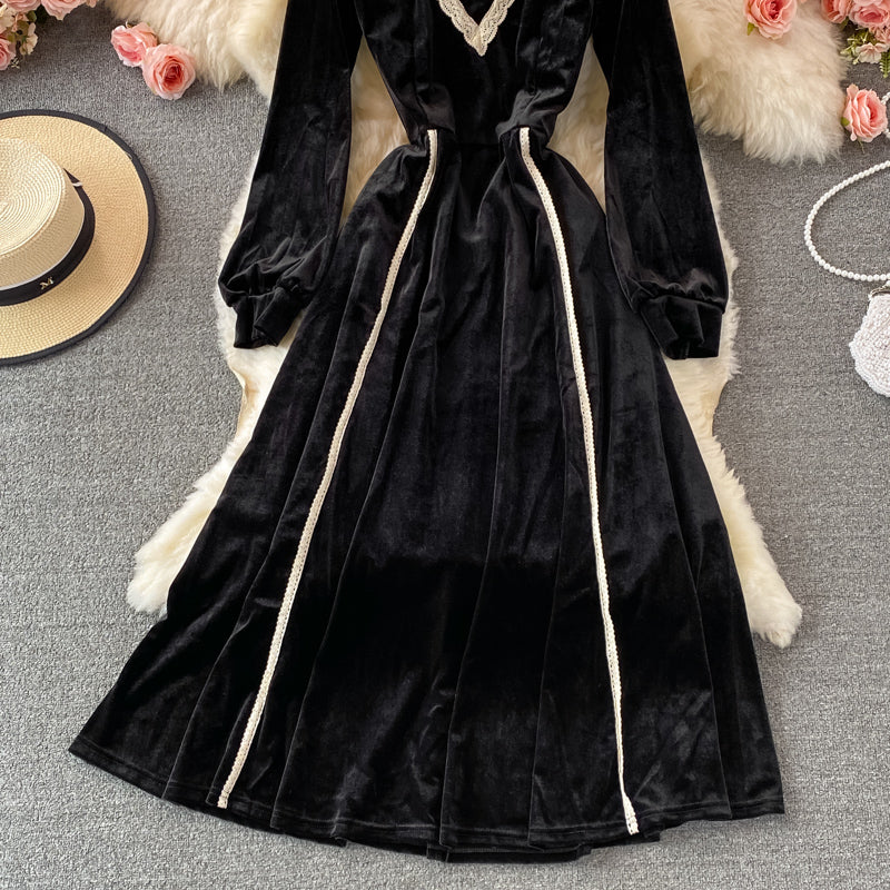 Slim waist with large swing stand neck velvet dress 3106