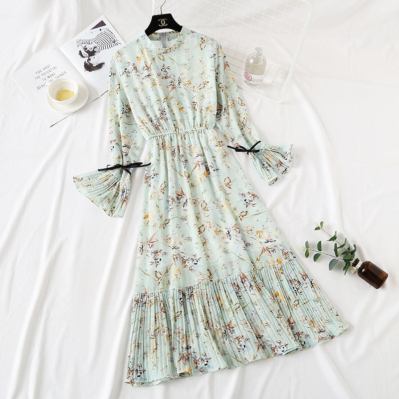 New French retro pleated flare sleeve bottomed long skirt 2359