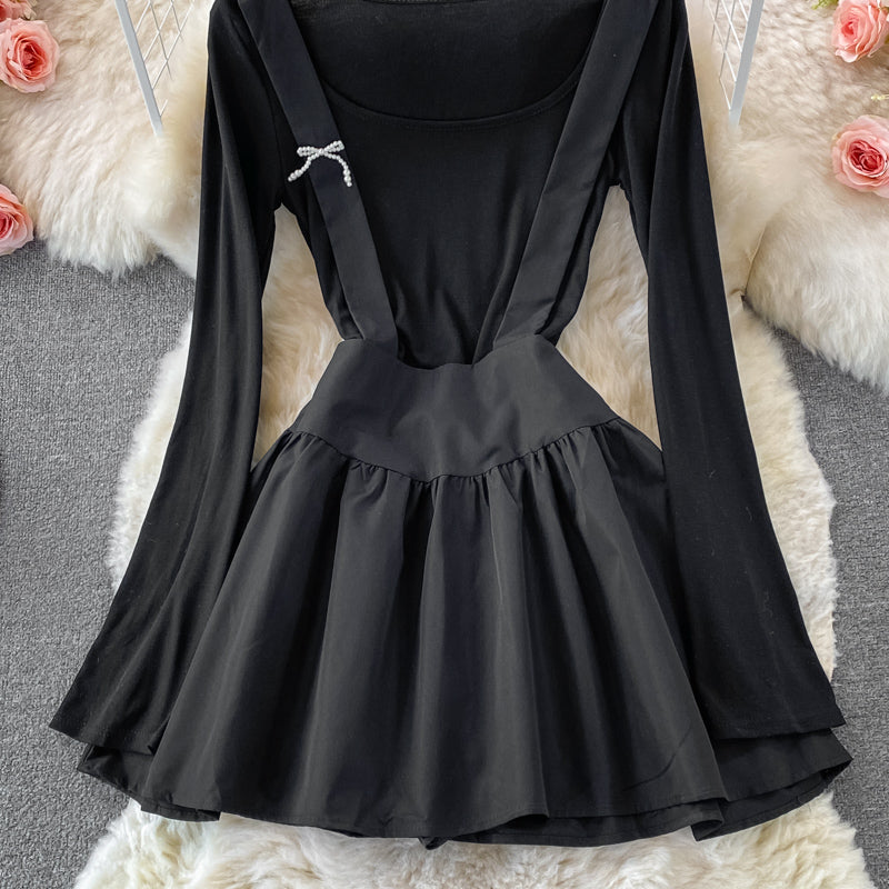 Pleated long sleeve dress women's slim A-line skirt 3259